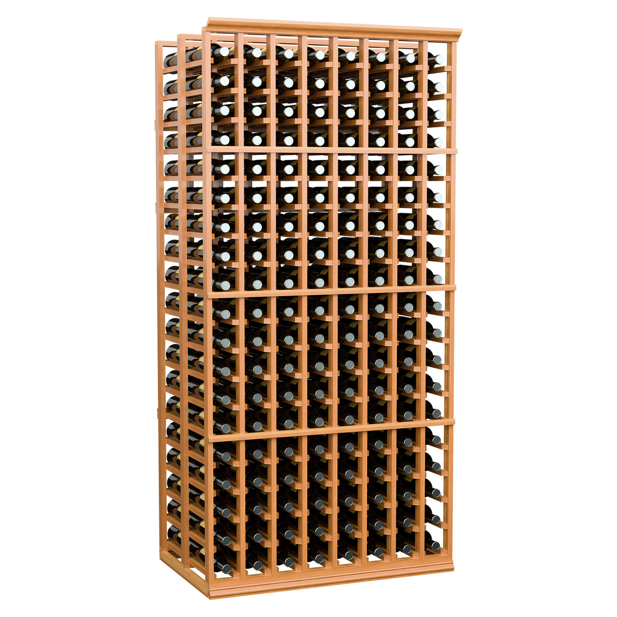 Honey-toned wood double-deep wine bottle rack with 8 columns and bottle-holder grid.