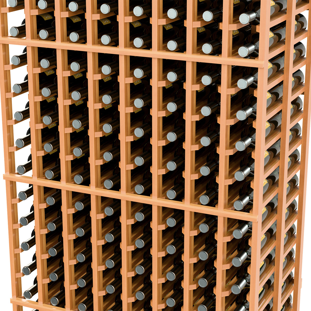 Close-up of honey-toned wood wine bottle rack cells holding bottles in double-deep rows.