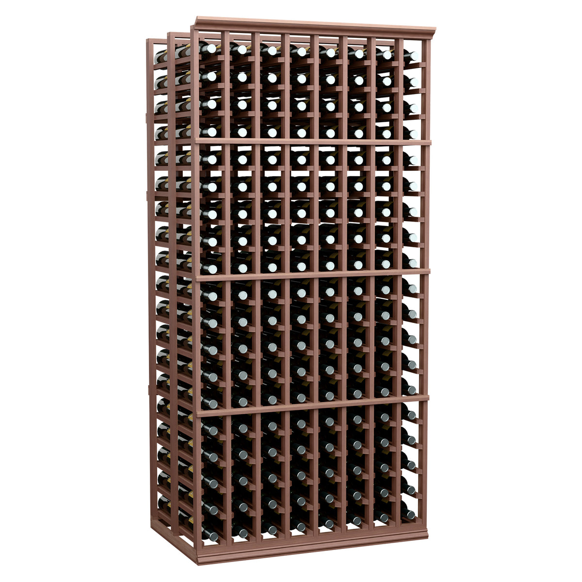 Dark wood double-deep wine bottle rack with 8 columns and bottle-holder grid frame.