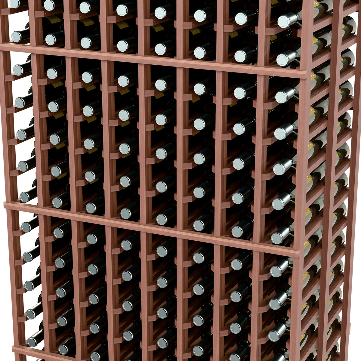 Close-up of dark wood wine bottle rack grid with bottles seated in double-deep compartments.