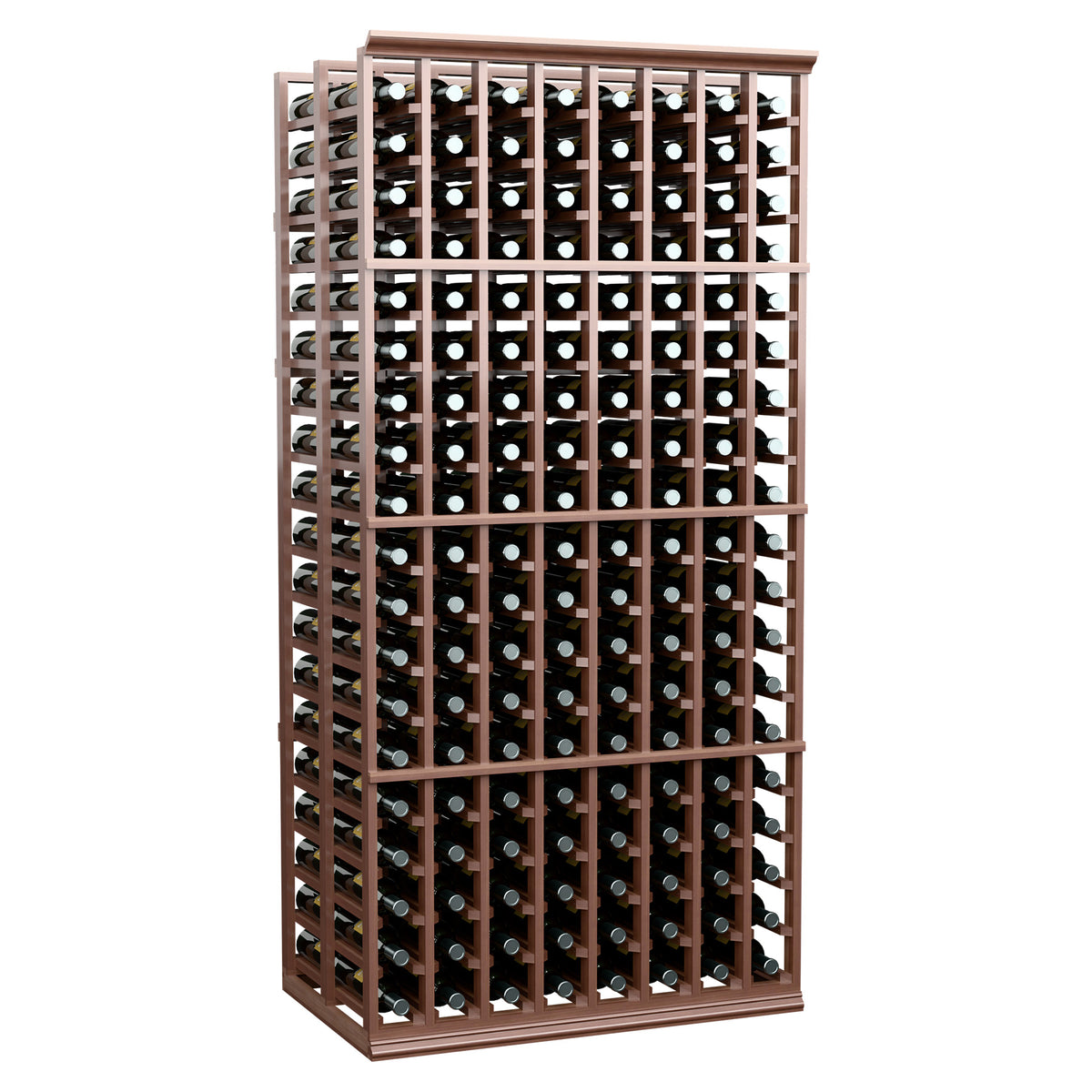 Wood 8-column double deep wine rack with dark brown frame and rows of bottle slots