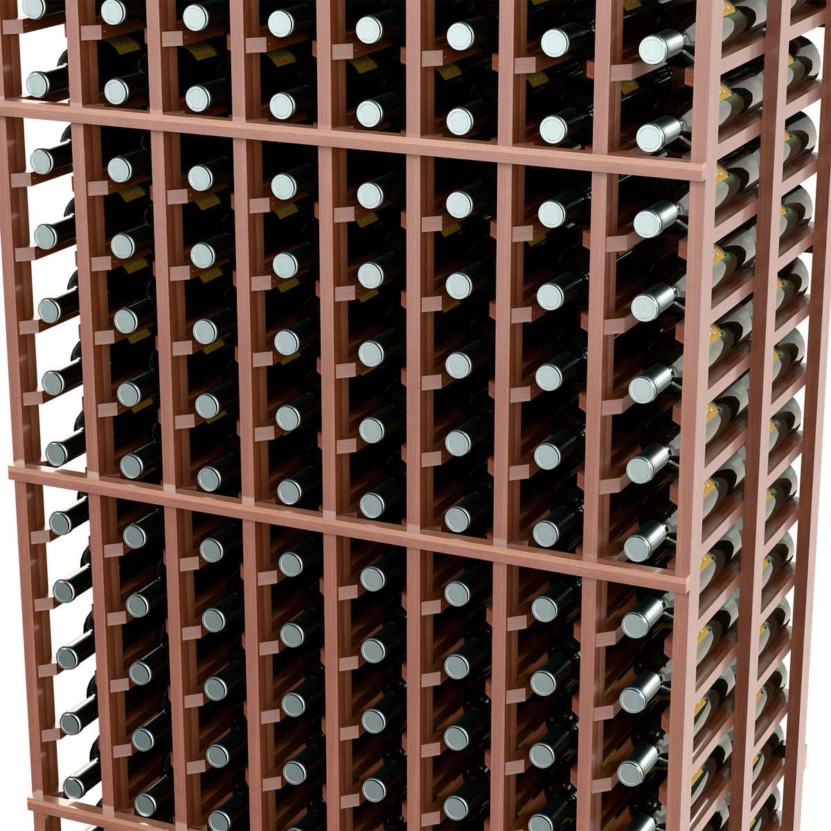 Close-up of dark brown 8-column double deep wine rack with bottle storage slots