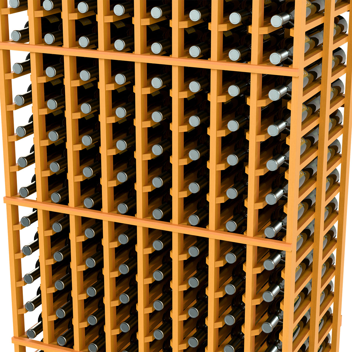 Close-up of light orange wood 8-column double deep wine rack with bottle slots