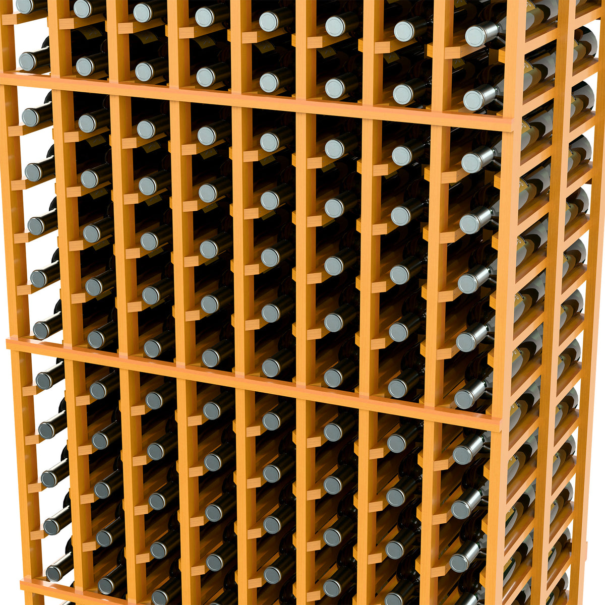 Close-up of light orange wood 8-column double deep wine rack with bottle storage slots