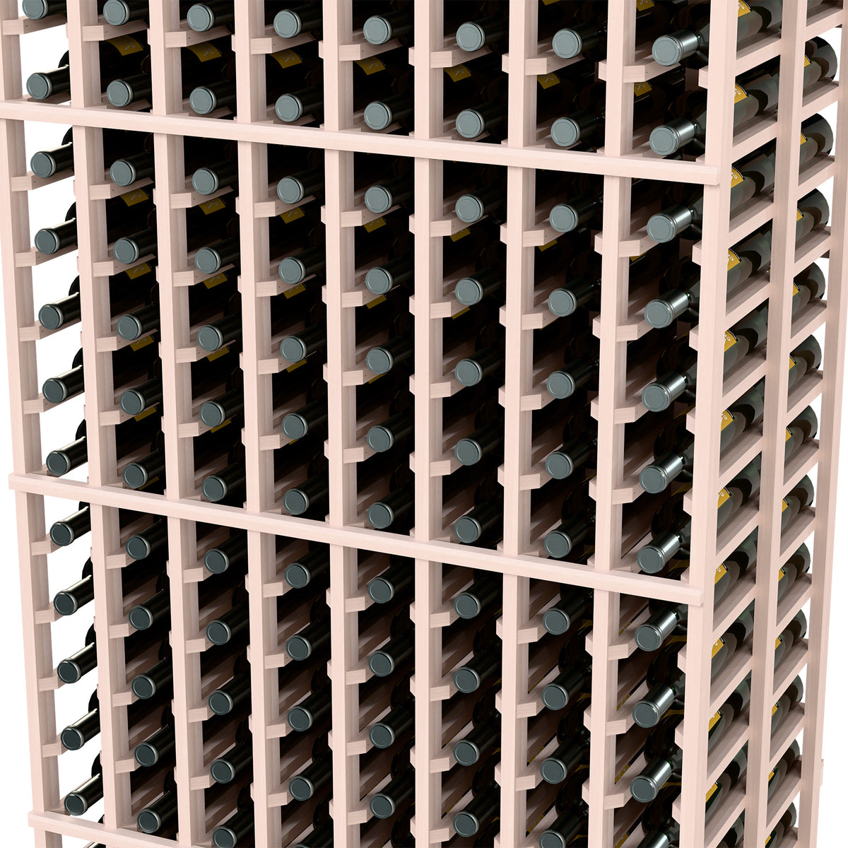 Close-up of light cream wood 8-column double deep wine rack with bottle storage slots