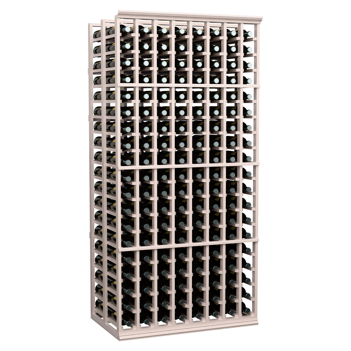 Wood 8-column double deep wine rack with gray frame and bottle storage compartments