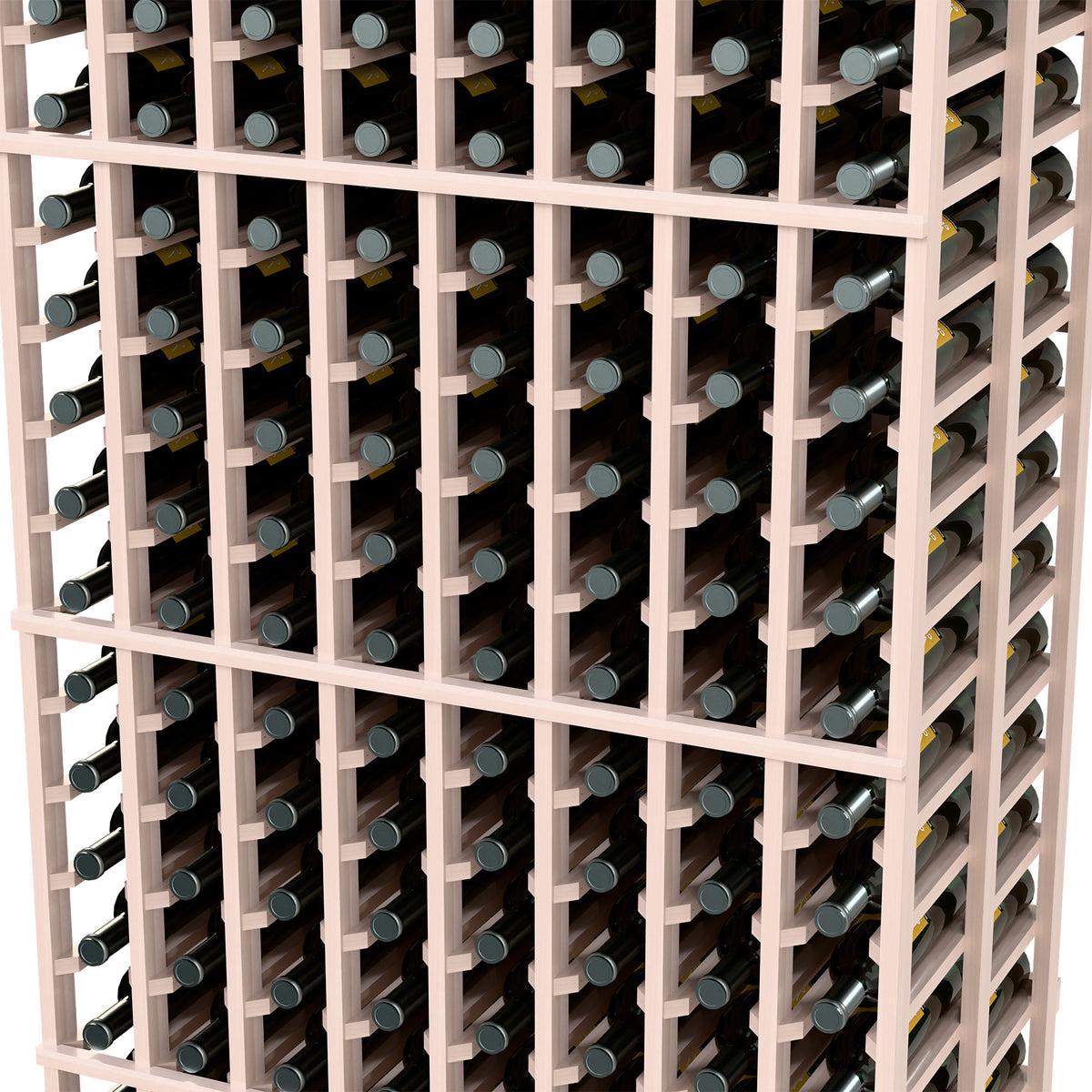 Close-up of light cream wood 8-column double deep wine rack with bottle slots
