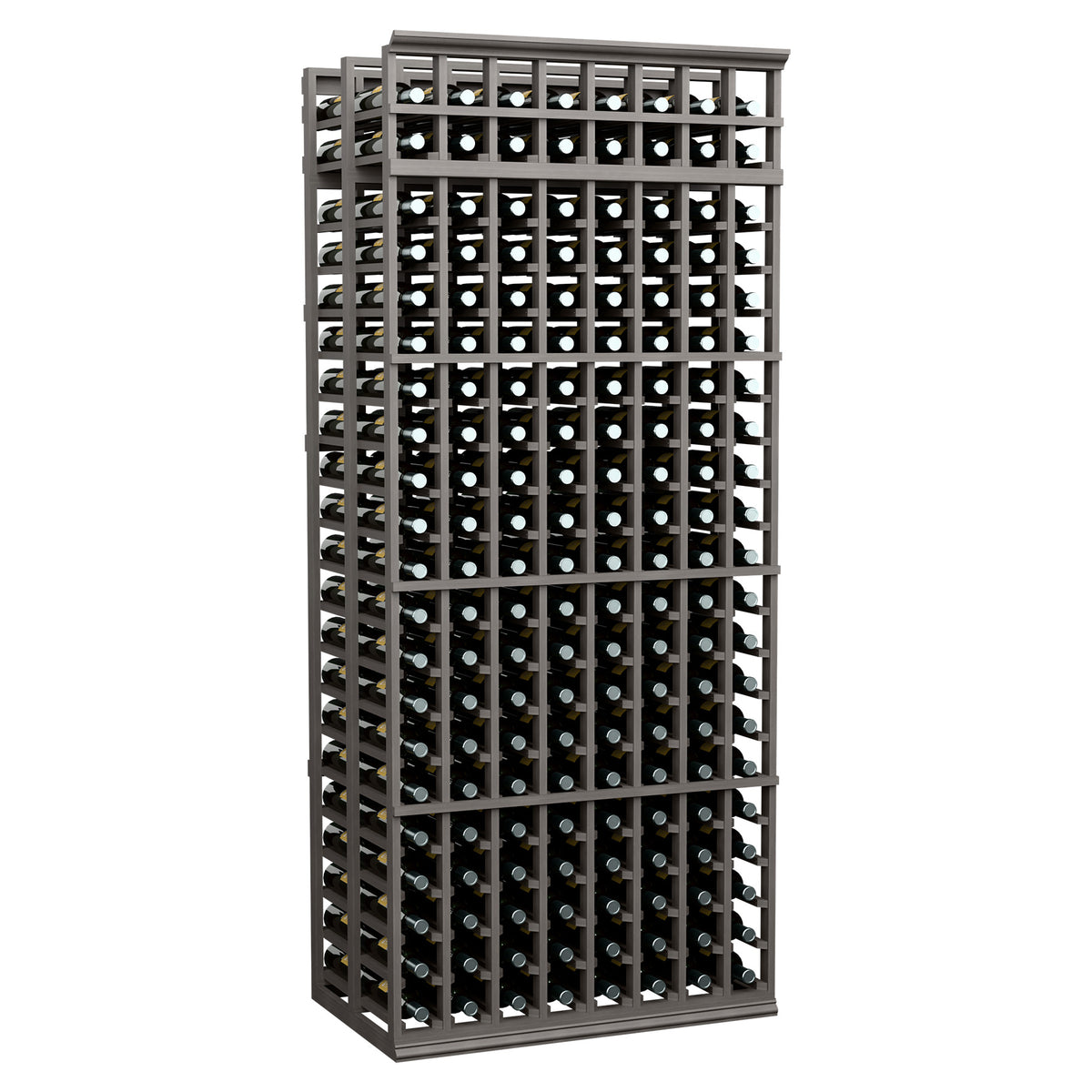 Dark wood wine bottle rack with grid rows and two deep storage levels, bottle-filled