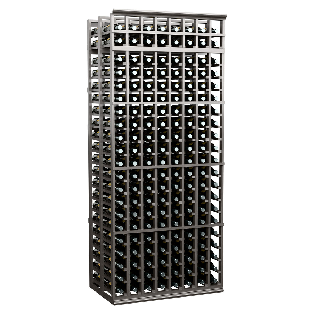Gray-toned wine bottle storage rack with two deep levels and square bottle slots