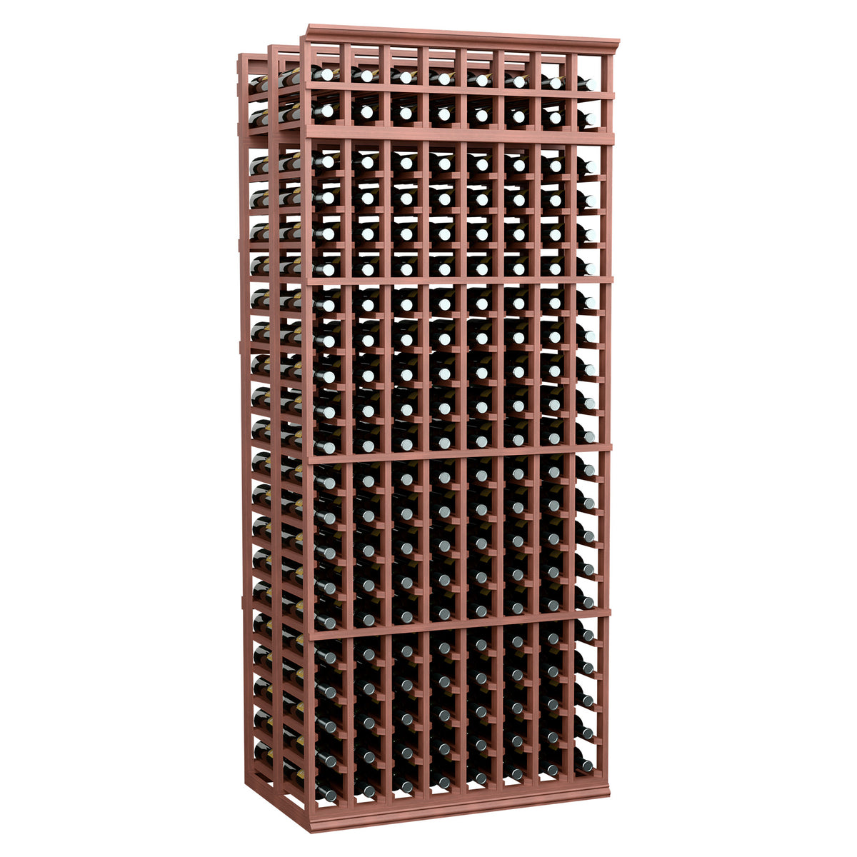 Red-brown wood wine bottle rack with grid sleeves, two deep levels and bottles inside