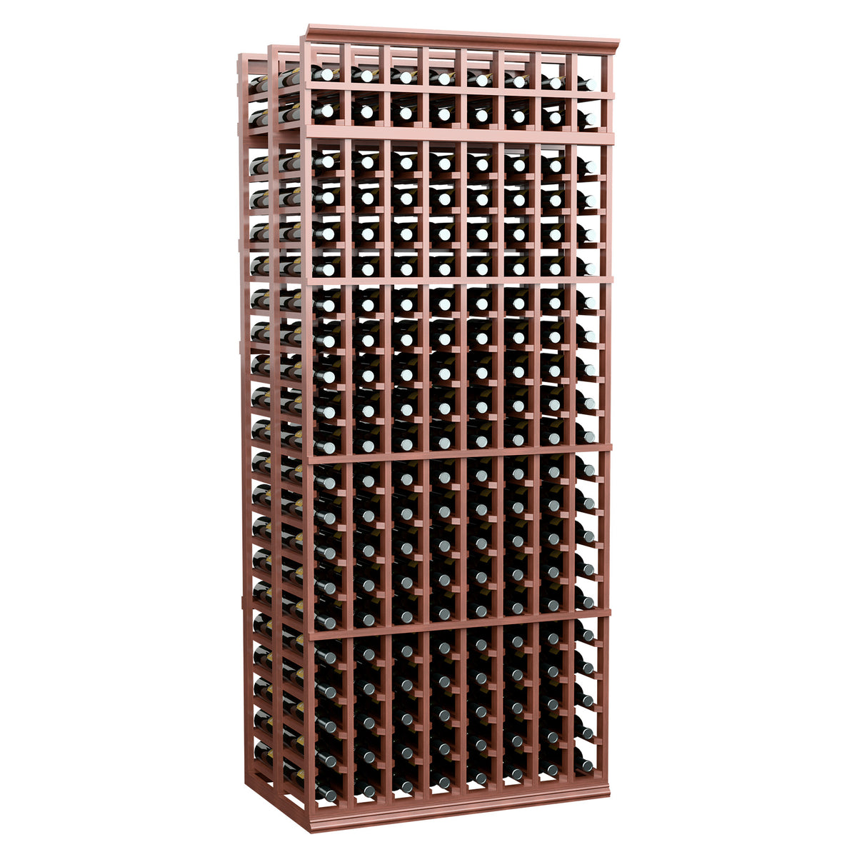 Red-brown wine bottle storage rack with two deep levels and multiple rows of bottles
