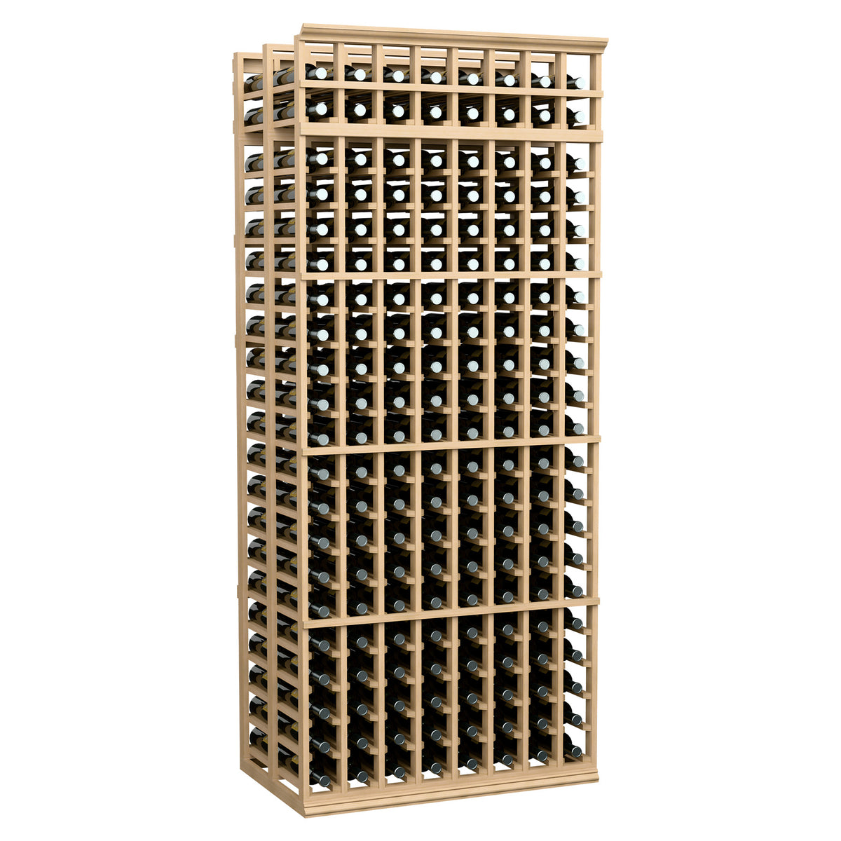 Light wood wine bottle rack with two deep levels, grid dividers and bottle-filled rows