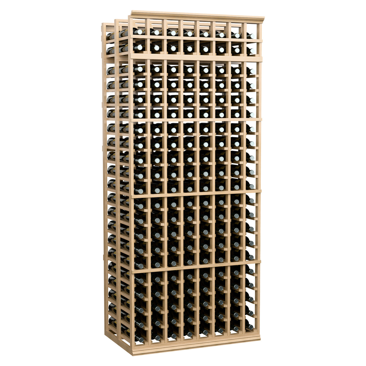 Light wood wine bottle storage rack with grid sleeves, two deep levels and bottles