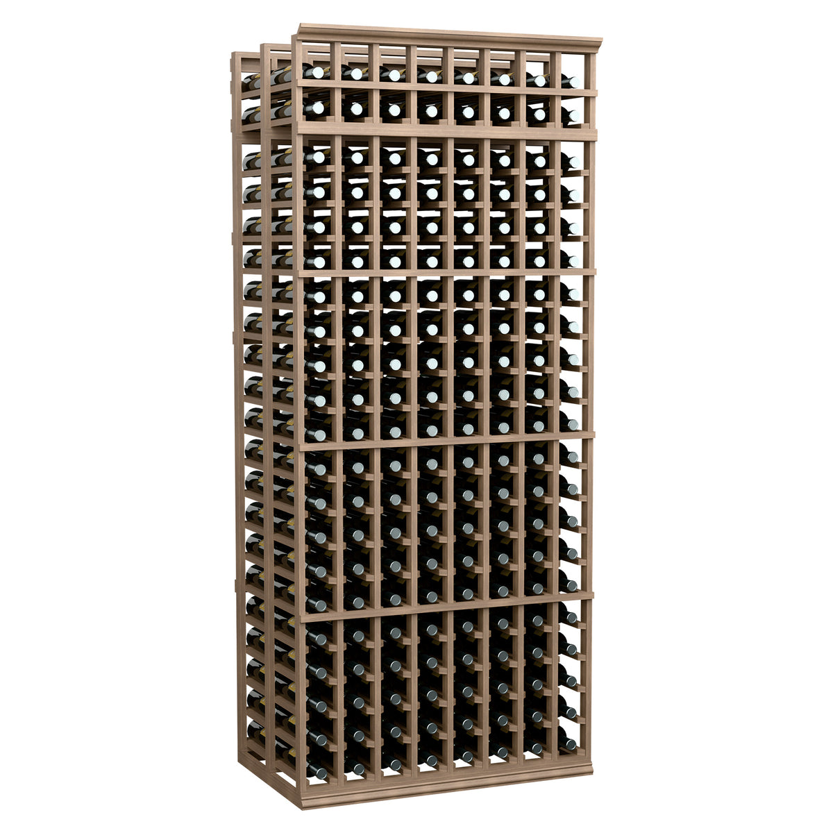 Medium wood wine bottle rack with two deep levels and grid bottle slots, bottle-filled