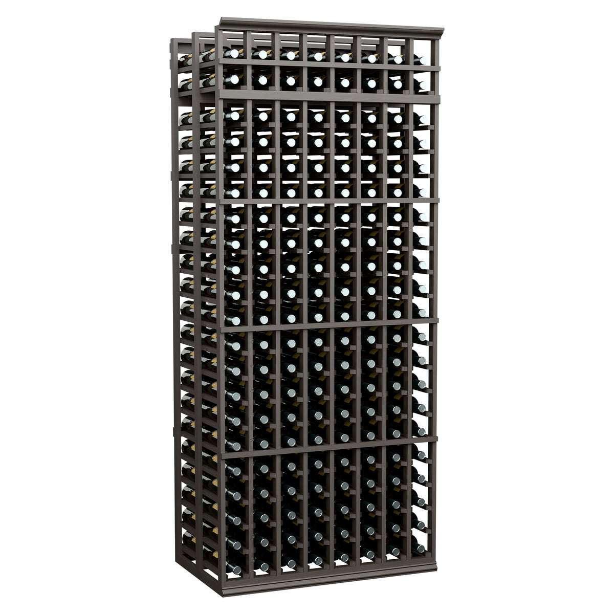 Dark wood wine bottle rack with two deep levels, grid dividers and bottle-filled rows