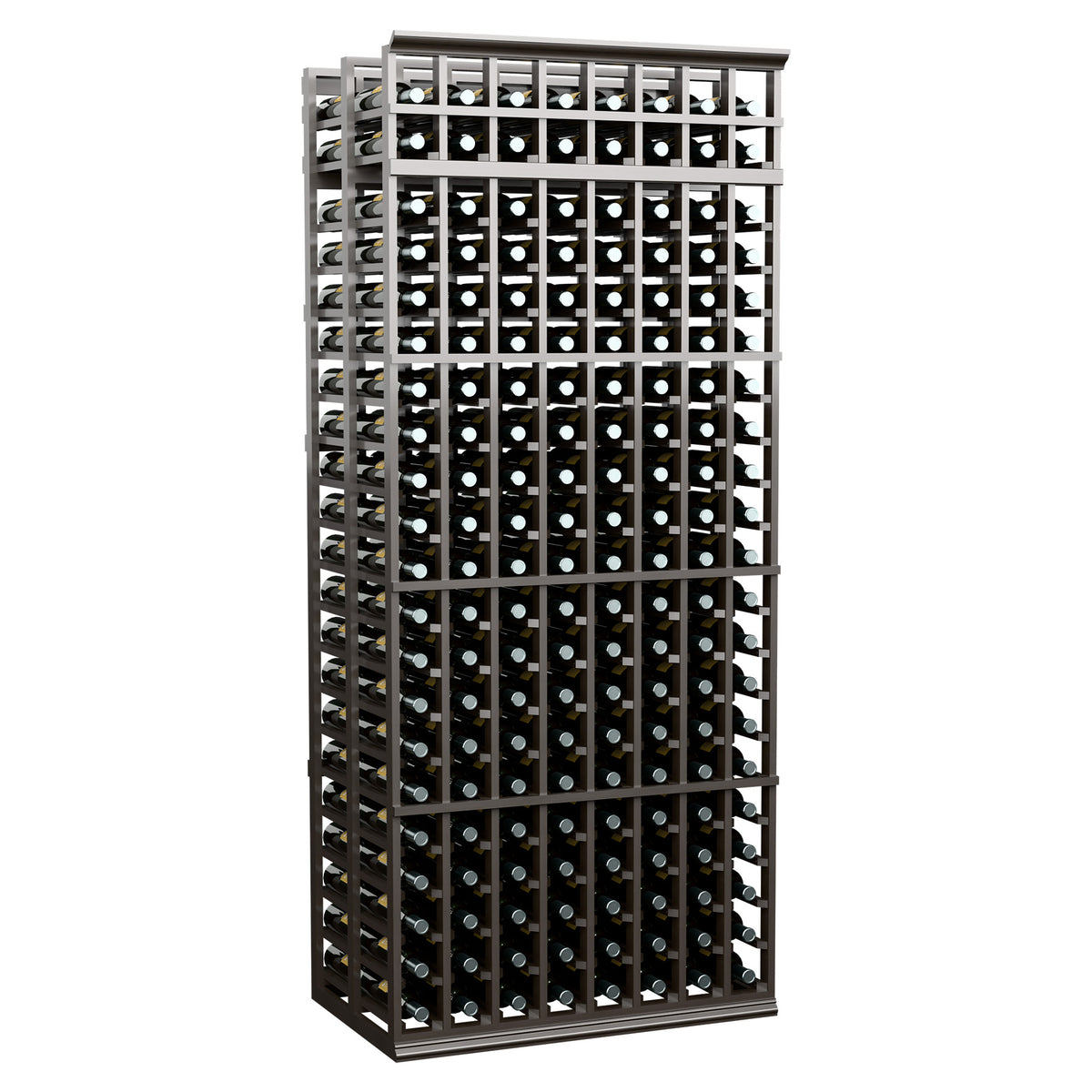 8-column double-deep wine rack with dark frame, 7 ft tall, holds wine bottles