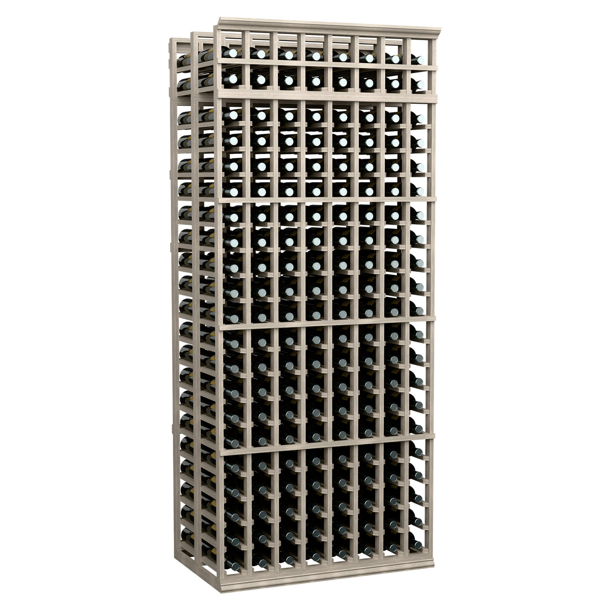 8-column double-deep wine rack with white-washed frame, 7 ft tall, holds wine bottles