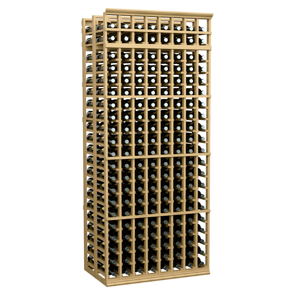 8-column double-deep wine rack with natural wood frame, 7 ft tall, holds wine bottles