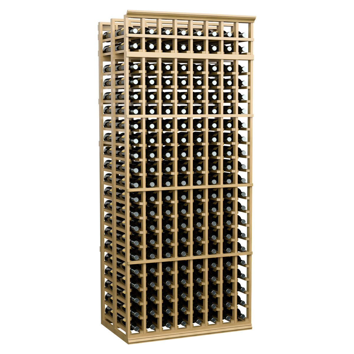 8-column double-deep wine rack with tan wood frame, 7 ft tall, holds wine bottles