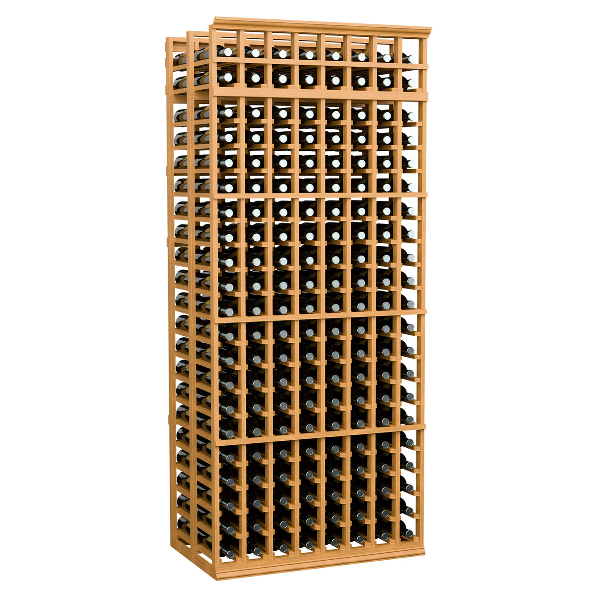 8-column double-deep wine rack with light wood frame, 7 ft tall, holds wine bottles