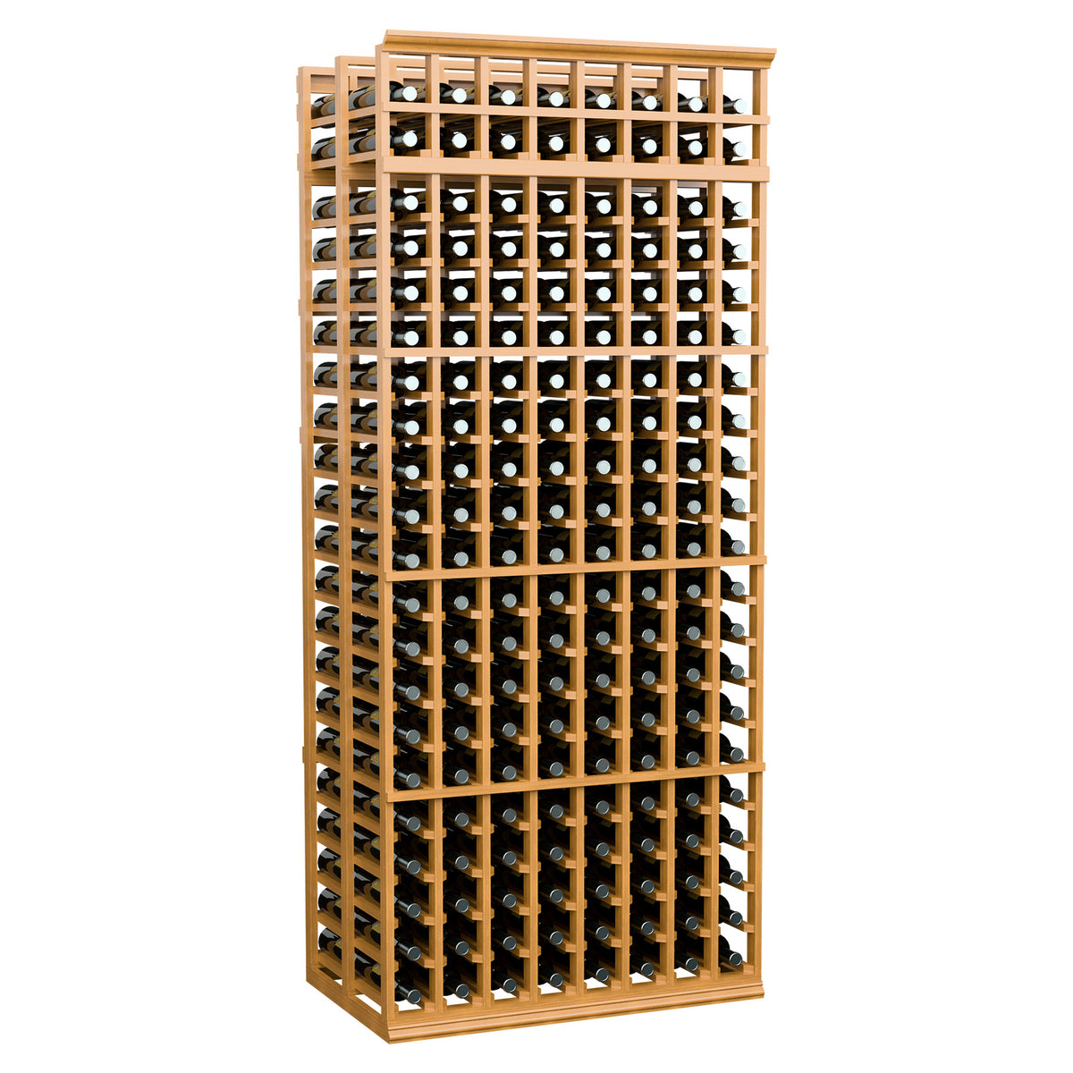 8-column double-deep wine rack with warm light wood frame, 7 ft tall, holds wine bottles
