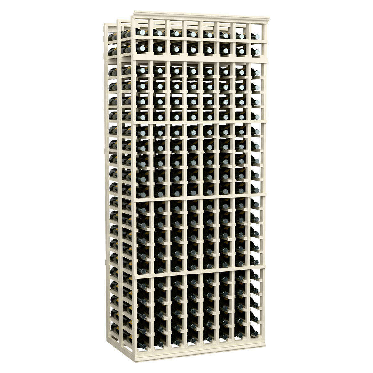 8-column double-deep wine rack with white frame, 7 ft tall, holds wine bottles