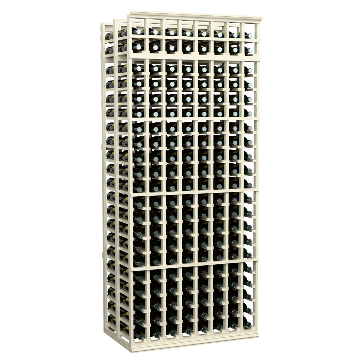 Light wood double-deep wine rack, 8 columns, 7-ft tall; front bottle slots