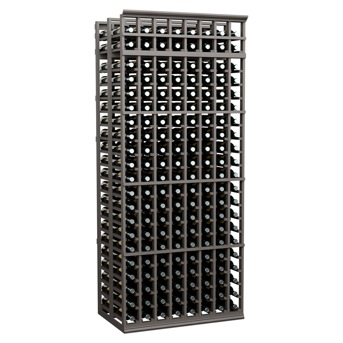 Dark double-deep wine rack, 8 columns, 7-ft tall; front bottle storage frame