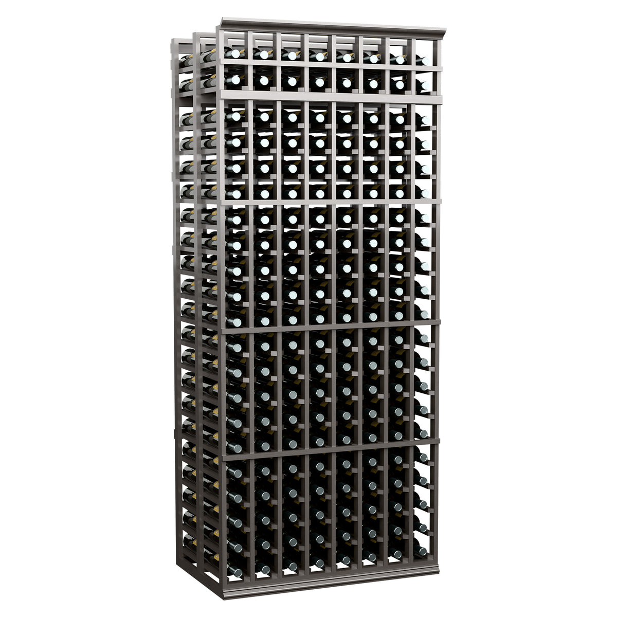 Gray-toned double-deep wine rack, 8 columns, 7-ft tall; front bottle slots