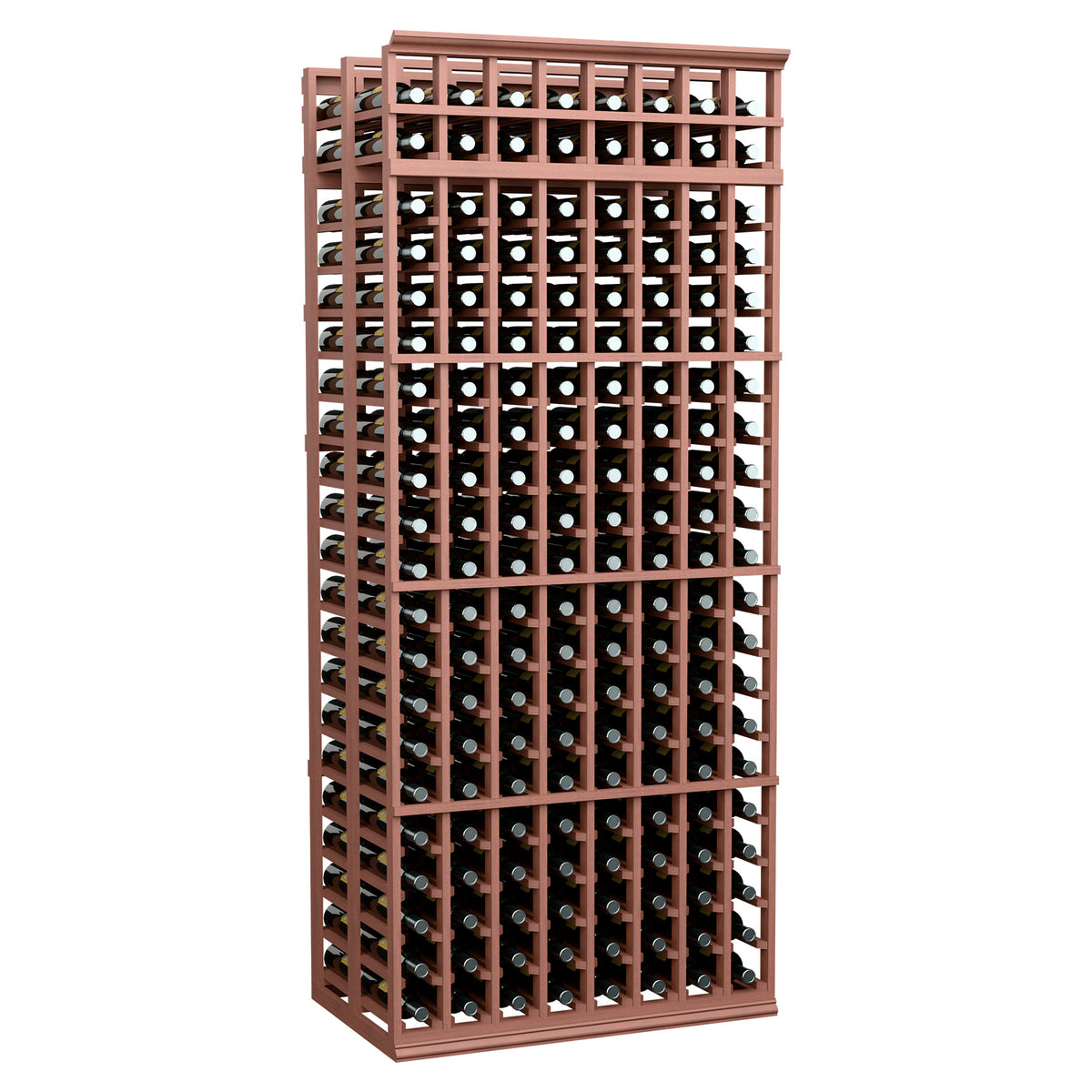 Red-brown double-deep wine rack, 8 columns, 7-ft tall; front bottle storage