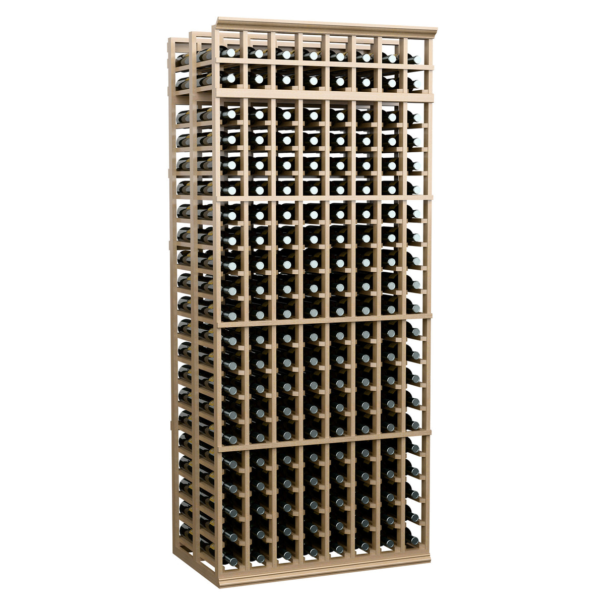 Light wood double-deep wine rack, 8 columns, 7-ft tall; front bottle holders