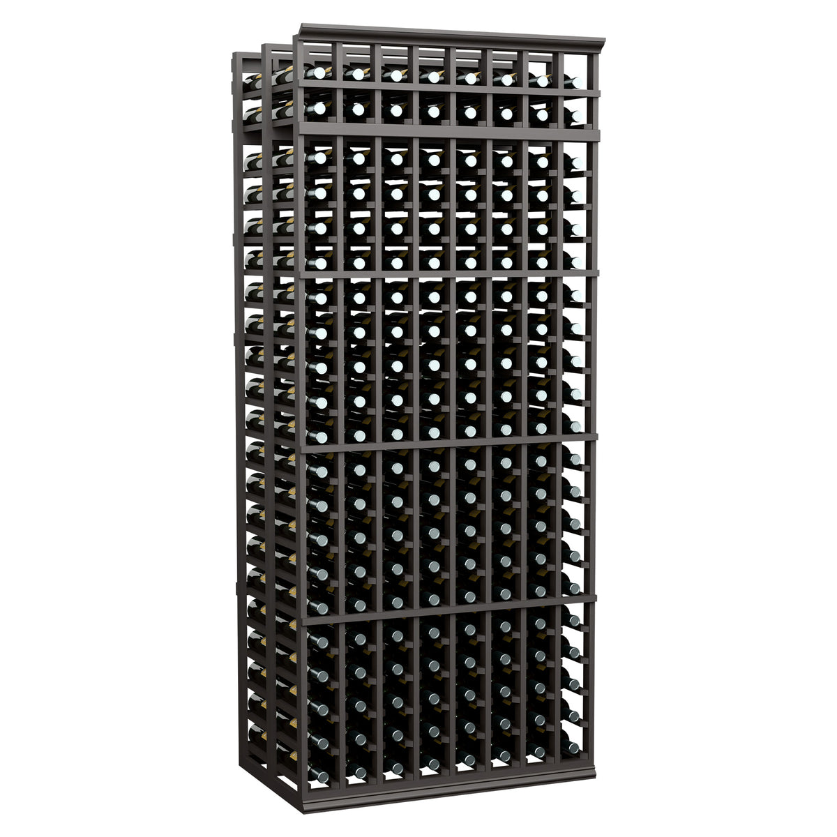 Black double-deep wine rack, 8 columns, 7-ft tall; front bottle storage frame