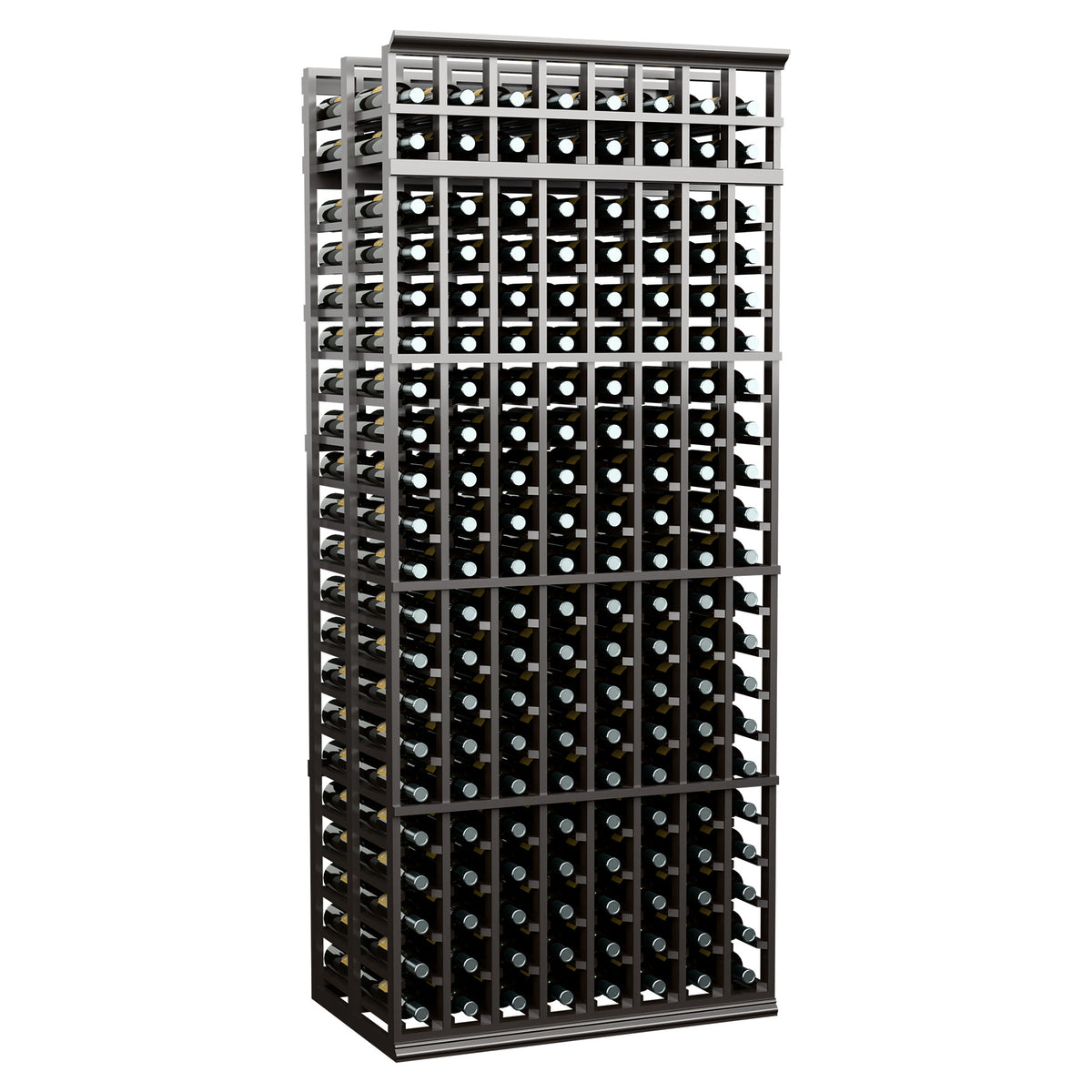 8-column double-deep wine rack with black finish and clear front bottle holders