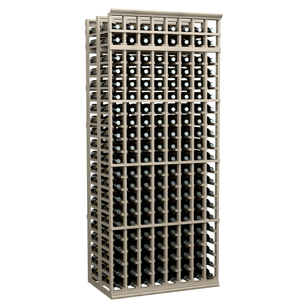 8-column double-deep wine rack with light white-wash finish and bottle storage cells