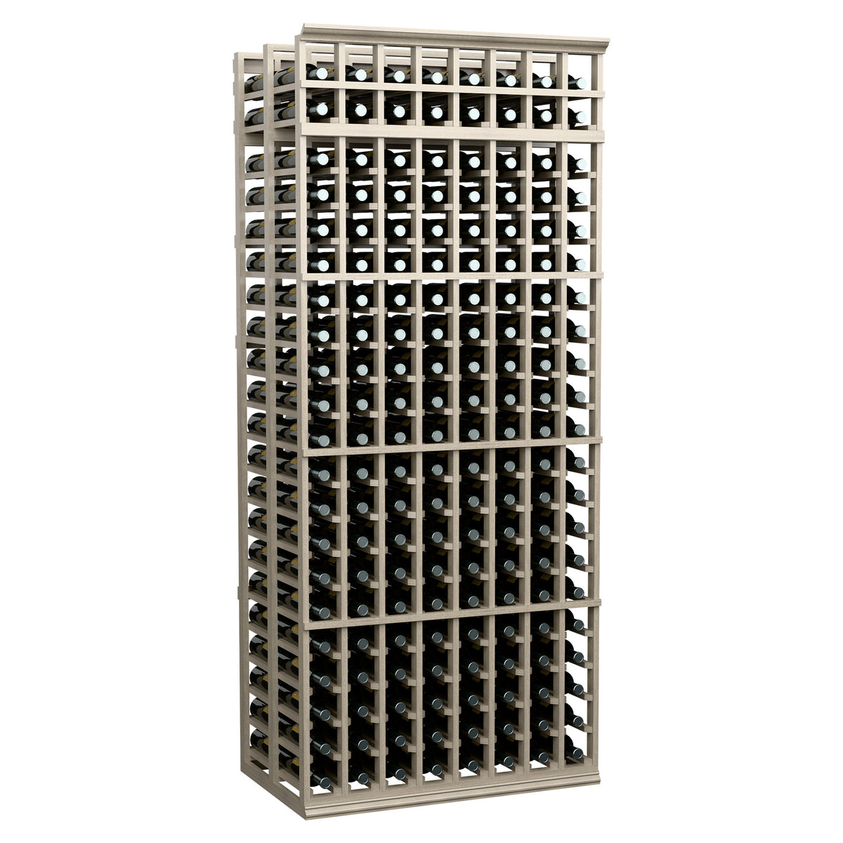 8-column double-deep wine rack in light finish with front bottle holders grid