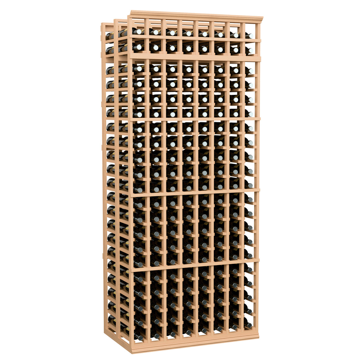 8-column double-deep wine rack with natural light wood finish and bottle storage