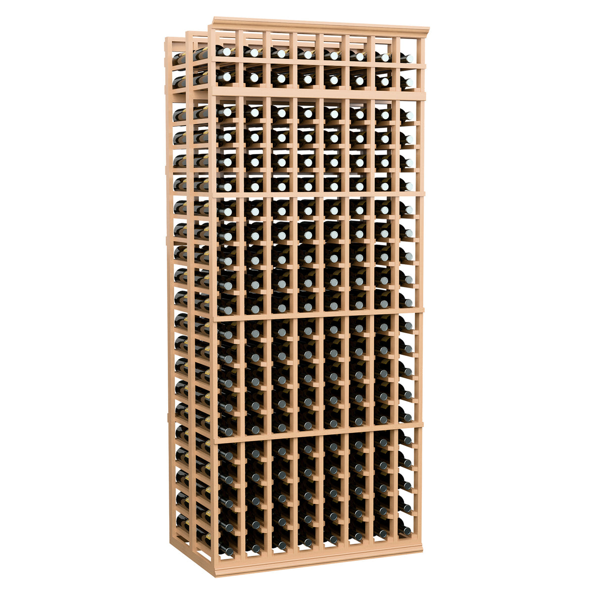 8-column double-deep wine rack with warm light wood finish and front bottle slots
