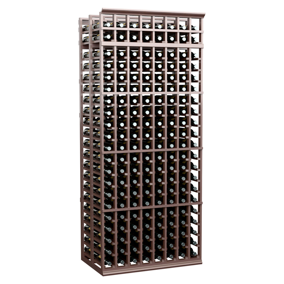 8-column double-deep wine rack with dark brown finish and bottle storage columns