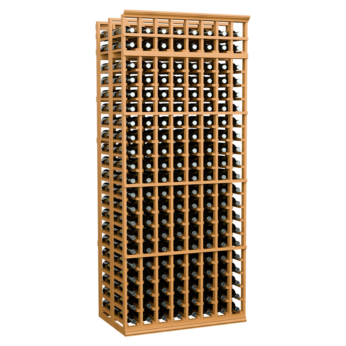 8-column double-deep wine rack with honey light wood finish and front bottle holders