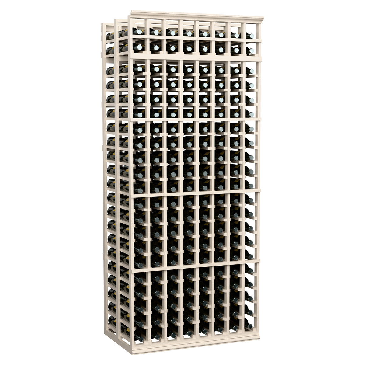 Light-colored wood double-deep wine bottle rack with 8 columns, 7 ft tall
