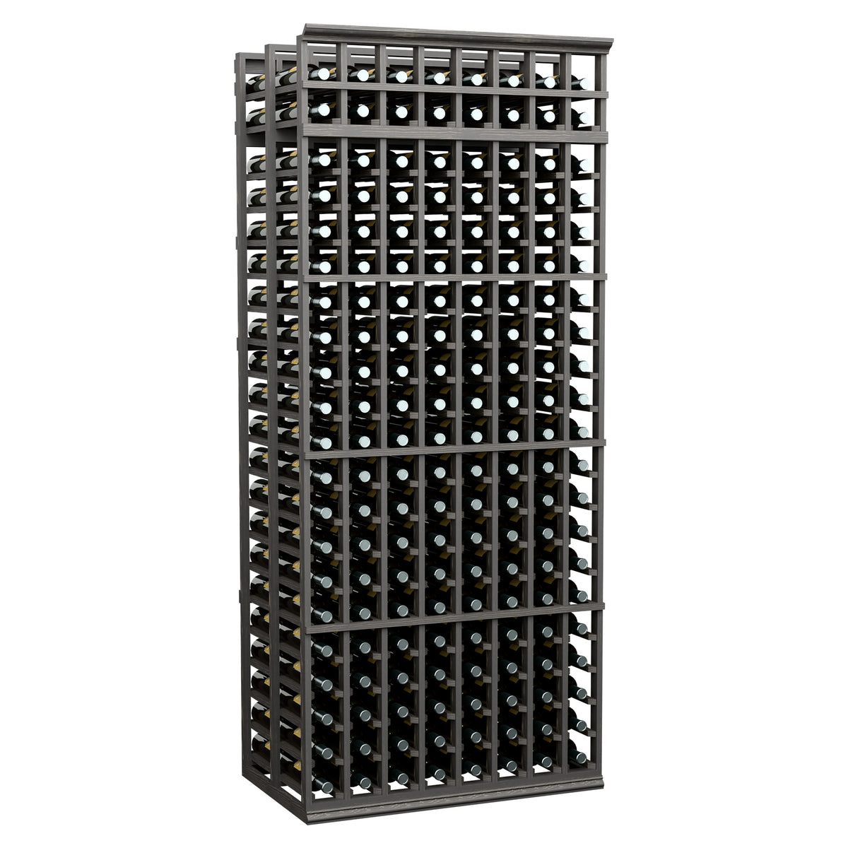 Black wood double-deep wine bottle rack with 8 columns, 7 ft tall