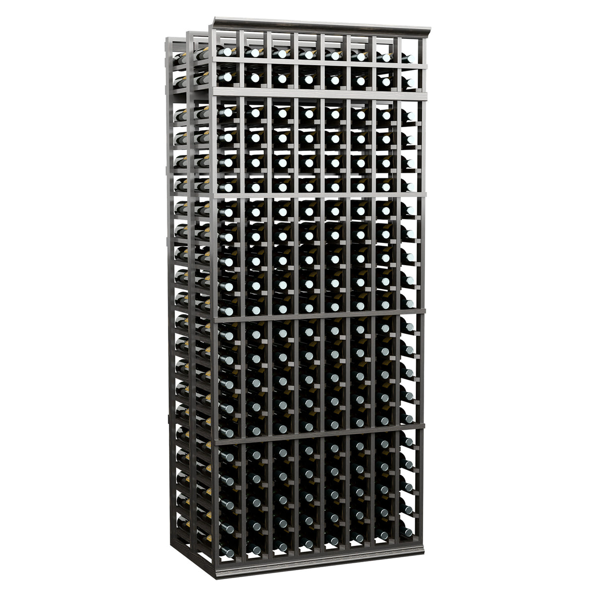 Dark wood double-deep wine bottle rack with 8 columns, 7 ft tall