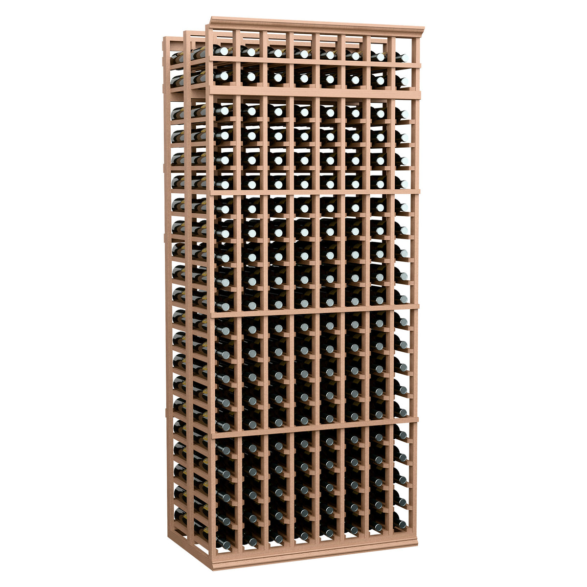 Natural wood double-deep wine bottle rack with 8 columns, 7 ft tall