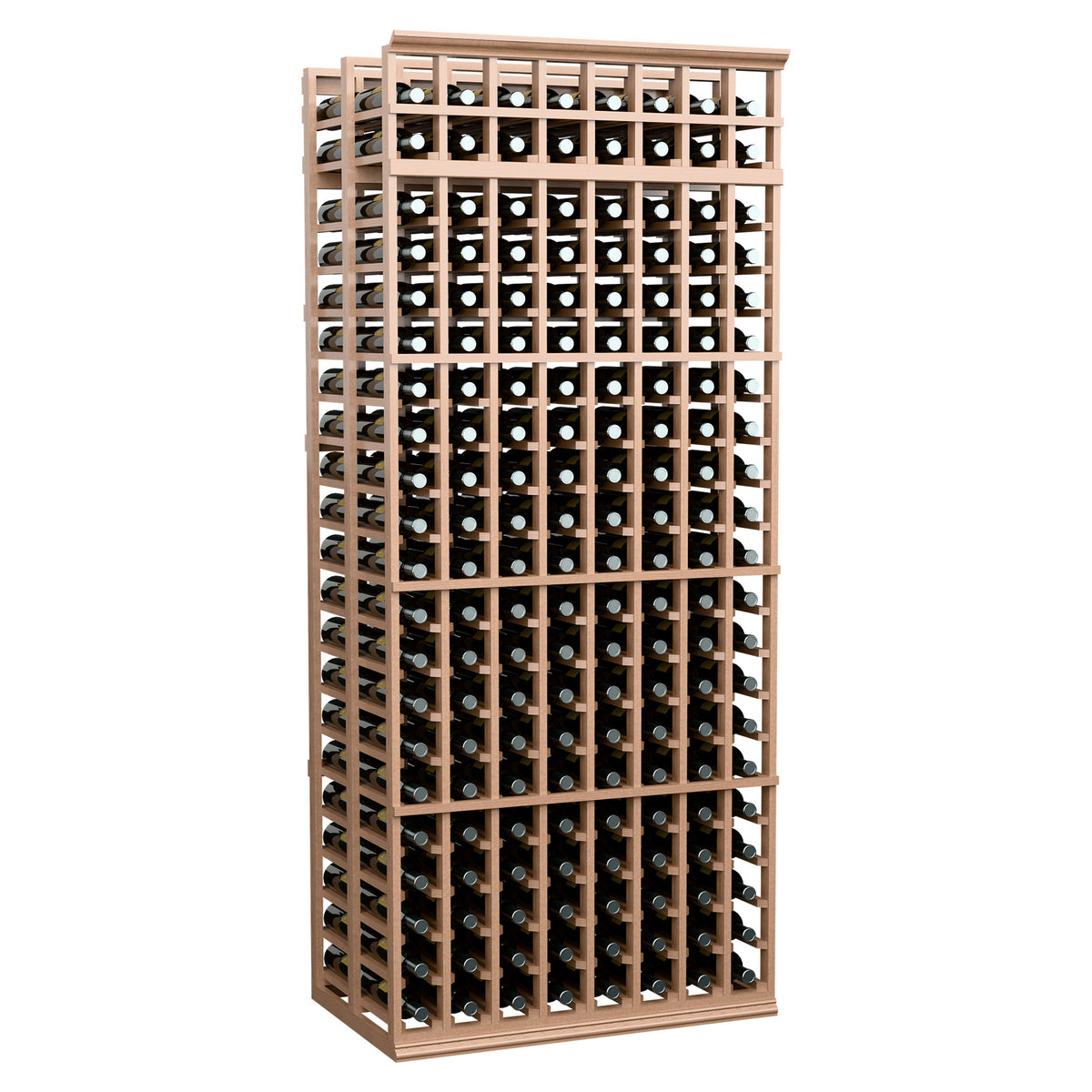 Pale wood double-deep wine bottle rack with 8 columns, 7 ft tall