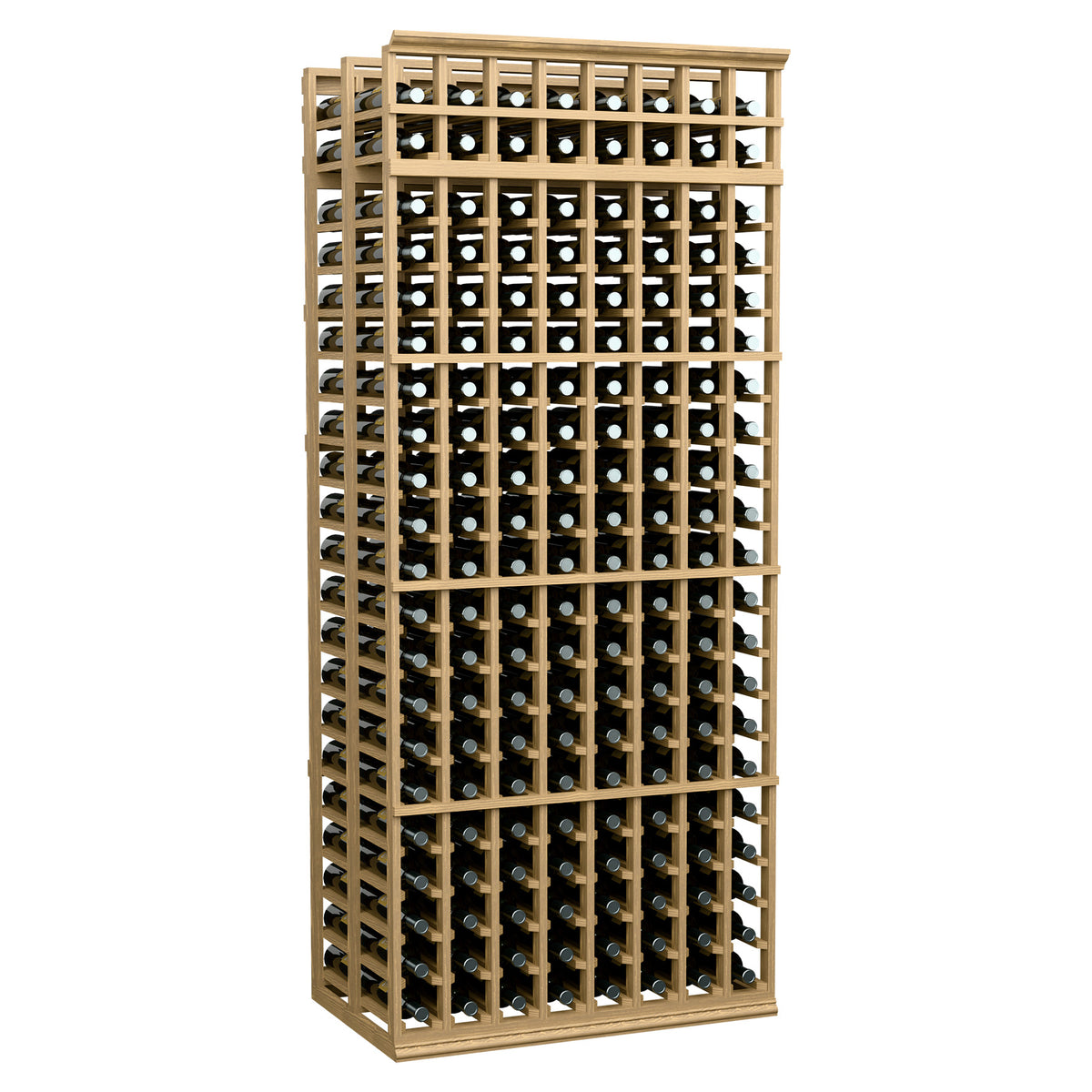 Light tan wood double-deep wine bottle rack with 8 columns, 7 ft tall