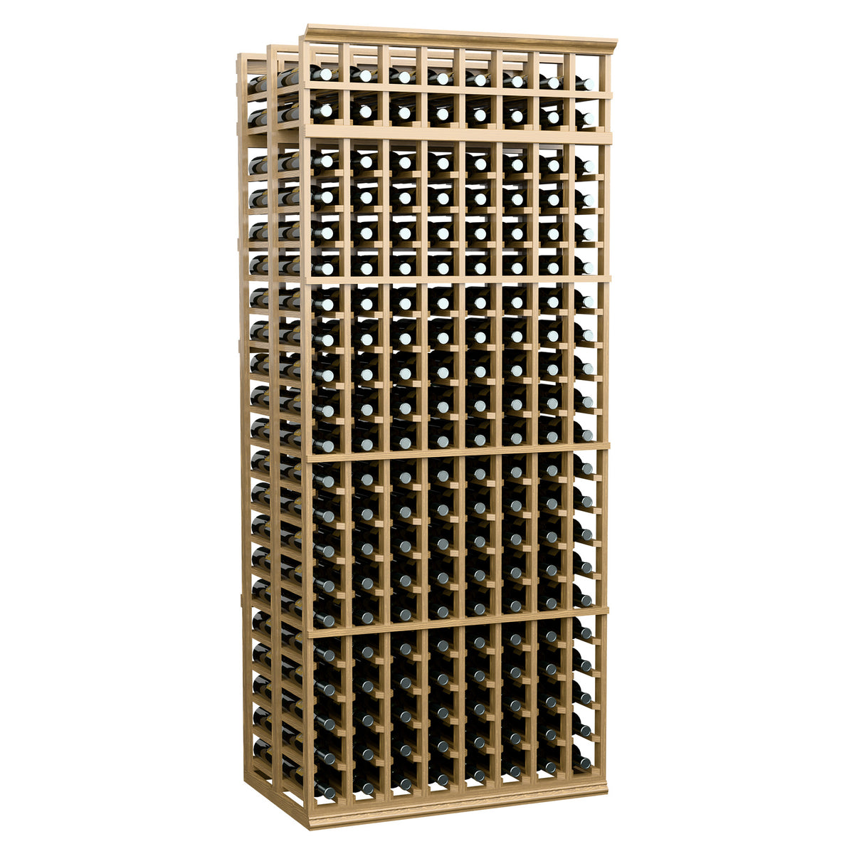 Cream wood double-deep wine bottle rack with 8 columns, 7 ft tall