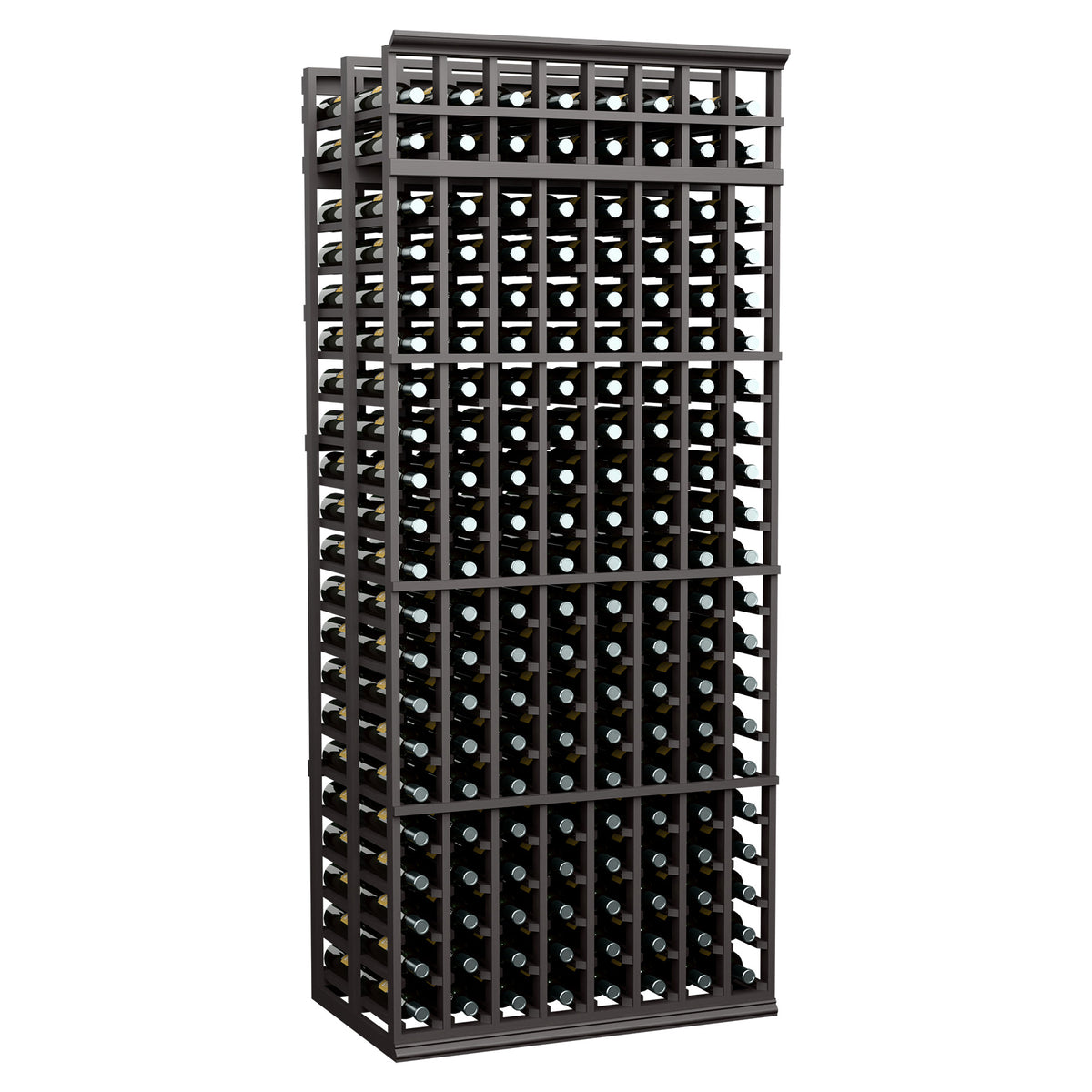 Dark wood double-deep wine bottle rack with 8 columns, 7 ft tall