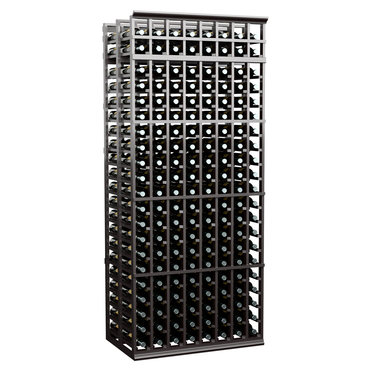 8-column double-deep wine rack with dark frame and empty bottle slots