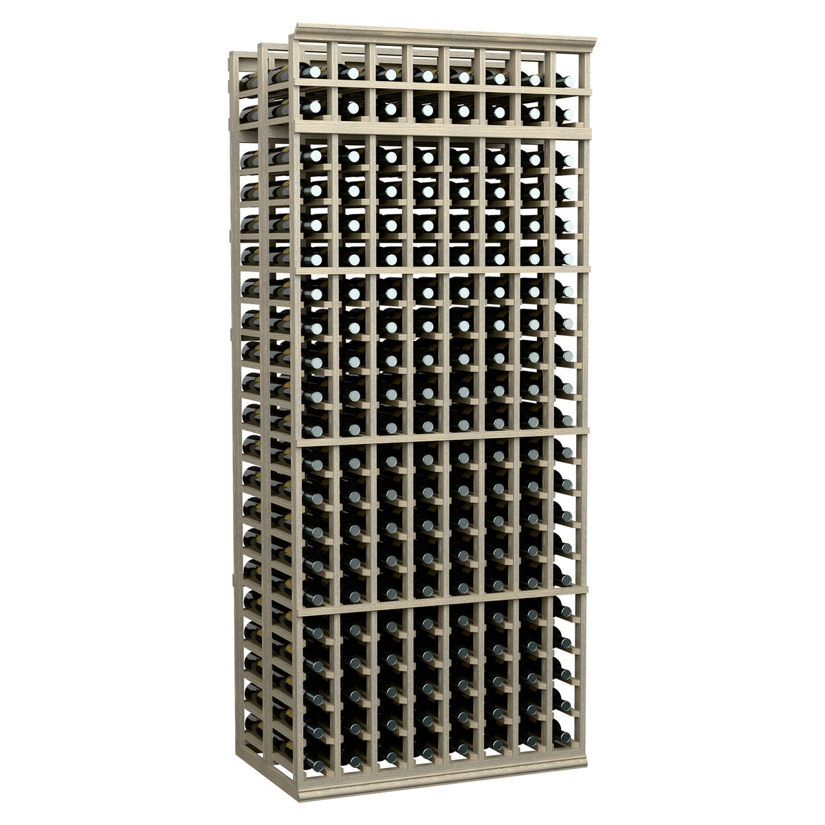 8-column double-deep wine rack with whitewashed frame and empty bottle slots