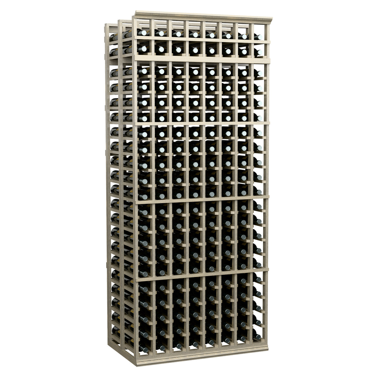 8-column double-deep wine rack with light frame and empty bottle slots